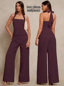 Glamine Setelan 2 Potong Modis, Model Halter Sederhana, Ramping, Seksi, Warna Aprikot, Atasan Crop Tenun dan Celana Panjang Lurus, Koleksi Musim Semi Terbaru - Rust Brown - View 7