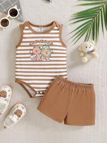 SHEIN 2pcs Baby Boy Cute Stripe Set, Spring/Summer - Brown - View 4