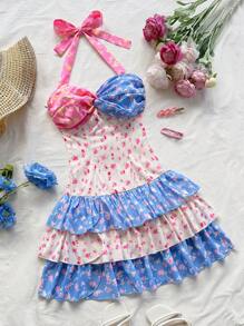 Soleia Women's Summer Vacation Colorful Ditsy Floral Ruffled Halter Tie-Back Bowknot Mini Dress With Layered Ruffle Hem, Suitable For Underdress Or Outerwear Women Short Dresses Summer Summer Birthday Dress