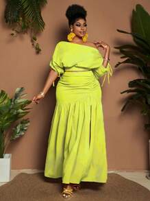 Maweii Plus Size Solid Color Asymmetric Collar Short Sleeve Top And High Slit Skirt 2 Pieces Set
