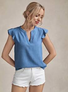 Wildy Women'S Notched Collar Cap Sleeve Blouse With Flared Sleeves