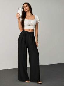 SHEIN Tall 夏季度假杏色竹纤维水洗梭织松紧腰女式休闲阔腿裤休闲度假基本款 - 黑色 - 查看 4