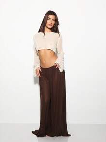 KIZN 珍珠点缀钩针编织短款毛衣，喇叭袖，波西米亚风，适合节日、度假、海滩等场合，春夏秋三季皆宜。 - 白色 - 查看 3