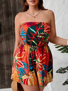 SHEIN VCAY Plus Size Leaf Print Bandeau Jumpsuit, Summer