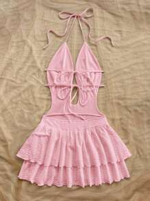 Soleia 女士度假白色针织纹理深 V 露背系带腰部荷叶边下摆迷你连衣裙，性感派对、约会、下午茶、城市度假、音乐节、海滩、夏季服装 - 粉色 - 查看 2