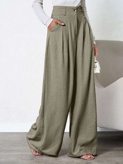 EURMUSE Plus Size Women Solid Color Deep Pleated Linen Pant Pleated Wide Leg Pants