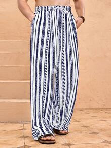 HIMLAND 男士梭织休闲时尚宽松松紧腰直筒裤，秋季 - 藍白色 - 查看 5