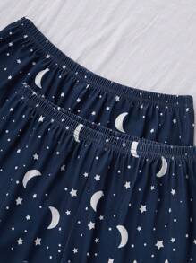 SHEIN Bộ 3 món/Bộ áo thun tay ngắn in hình sao và mặt trăng, quần short và quần dài Pyjama, thường ngày - Nhiều màu - Xem 7