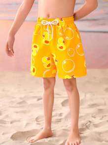 Young Boy Cartoon Duck Print Drawstring Waist Swim Shorts - Orange - View 3