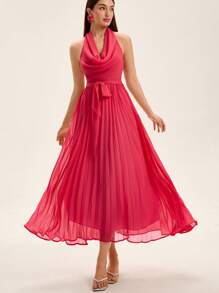 Femmeiva Elegant Summer Sleeveless Plunging Neck Pleated Lightweight Chiffon Dress For Women - Hot Pink - View 5
