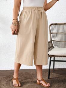 SHEIN VCAY Pantalones capri casuales de algodón lavado con cordón en la cintura para mujer de talla grande, adecuados para fiesta en la piscina de verano, estilo boho chic, para brunch, aeropuerto, vacaciones en la playa, vacaciones en la ciudad, vacaciones de verano en Europa, luna de miel, estilo occidental para mujer de talla grande - Albaricoque - Ver 3