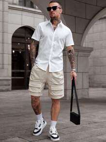 Manfinity CasualCool Camisa casual de manga corta de un solo pecho de unicolor para hombres, camisa ajustada para hombres, camisa de verano, estilo de camisa para hombres, camisa de corte slim para hombres, ropa de hombres, camisas para hombres, camisas para hombres de corte slim, camisas de vestir de manga corta para hombres, camisas de moda para hombres - Blanco - Ver 4