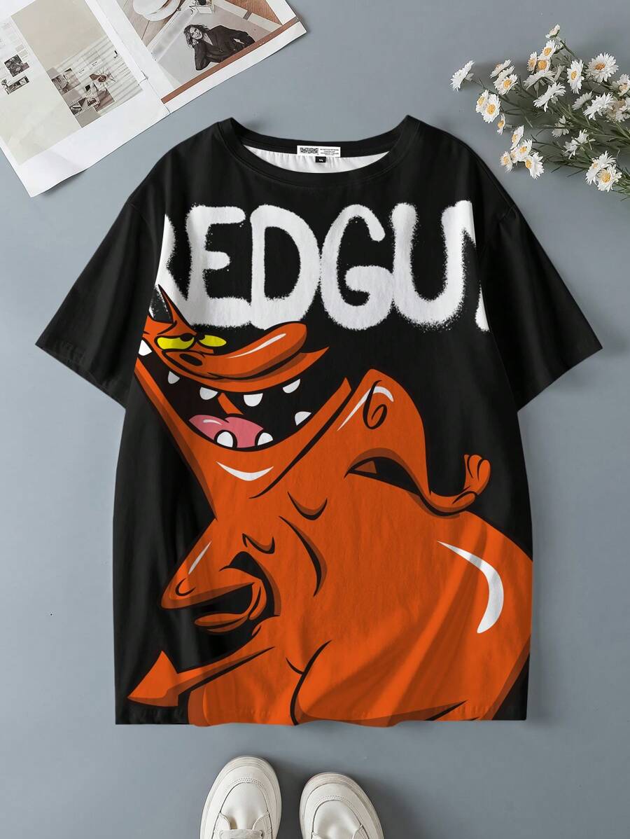 Cow and Chicken X SHEIN Camiseta de manga corta informal con estampado de dibujos animados y letras para tallas grandes - Blanco - Ver 1