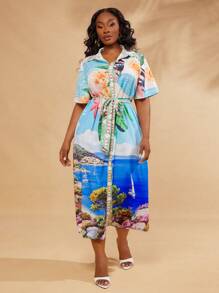 SHEIN SXY Vestido de talla grande para mujer de primavera y verano, elegante y sexy, con estampado de playa y vacaciones, de manga farol y manga abullonada, con cinturón a juego incluido, adecuado para uso diario