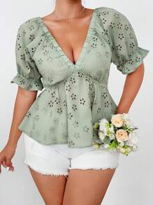 Flirla French V-Neck Embroidered Casual Women Blouse Top - Green - View 6