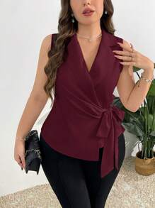 Firerie Plus Size Women Elegant Commuting Chic Vacation Delicate Afternoon Tea Slightly Sexy Date Music Party INS Vintage College Beach Photo Casual Sophisticated Commute Wrapped Tie Back Sleeveless Vest, Spring/Summer,Business Casual In Fall/Winter