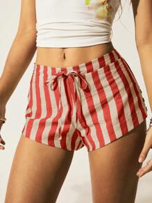 Easelle 女式红色条纹编织侧扣设计休闲短裤 - 紅色 - 查看 6