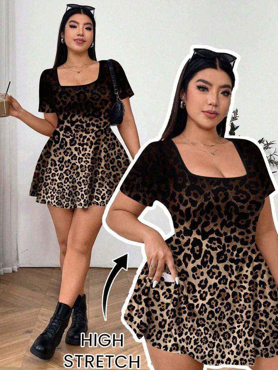 SHEIN EZwear Plus Size One-Piece Jumpsuit, Casual Minimalist Square Neck Ombre Leopard Print Jumpsuit Romper, Suitable For Summer - Multicolor - View 1