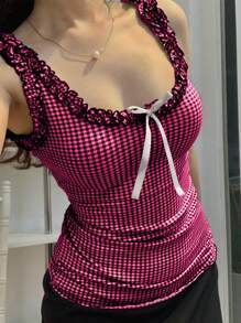 SHEIN EZwear 女式夏季休闲格子蝴蝶结装饰背心 - 玫紅色 - 查看 1