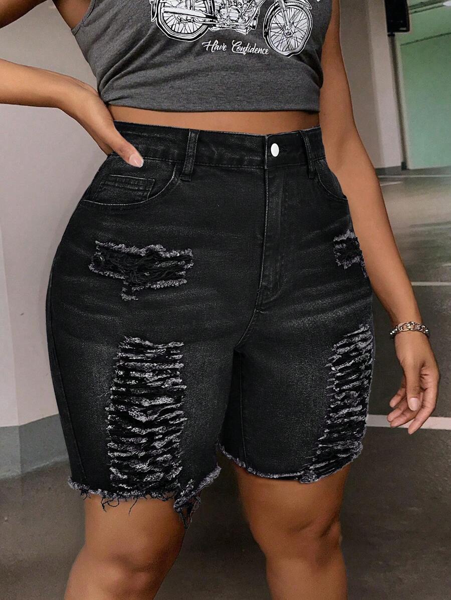 SHEIN SXY 大码女式做旧口袋磨边休闲牛仔短裤