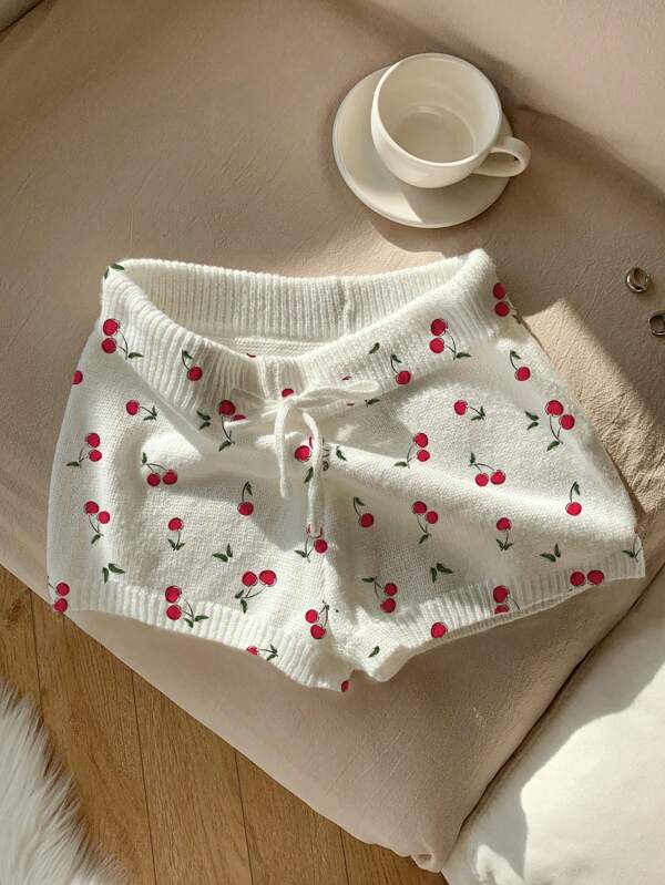 Comfortcana Women Cherry Print Casual Skinny Sweater Shorts, Suitable For Summer