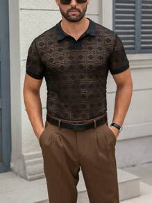 Manfinity Homme Men's Hollow Geometric Design Daily Wear Short Sleeve Polo Shirt - Black - View 4