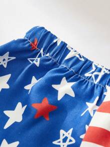 Cozy Pixies Baby Boys 4th Of July US Flag & Letter Print Short Sleeve T-Shirt And Red White Blue Printed Shorts Set, Summer Outfits, Independence Day Clothing - Blue - View 5