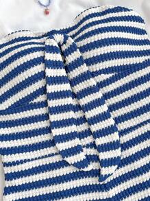 SHEIN Teen Girls Vacation Striped Knit Blue White Knitted Crinkled Fabric Tube Top Halter Neck Bow Jumpsuit, & Suitable For Party, Valentine's Day, Wear As Innerwear Or Outerwear - Blue and White - View 4