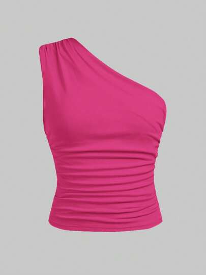 SHEIN Girlism 少女纯色褶皱休闲不对称领口背心