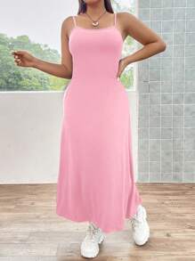 Flirla Plus Size Women's Versatile Basic Dress Maxi Women Outfit - Pink - View 5