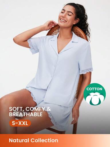 LUVLETTE Soft Cotton Ruffle Lace Trim Button-Up Short Blue Airy Women Pajama Set Pants With Pockets Boxer Set,Spring And Summer Cotton Pajamas