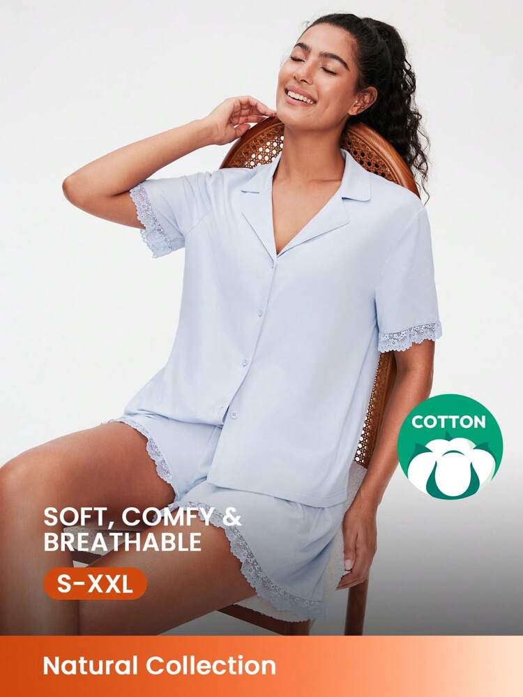 Soft Cotton Ruffle Lace Trim Button-Up Short Women Pajama Set