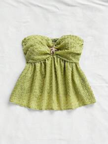 Soleia Women's Lime Green Summer Boho Beach Holiday Vacation Woven Cutout Textured Bandeau Top,Starfish Button Accent Ruffle A-Line Cinched Waist Blouse - Green - View 7