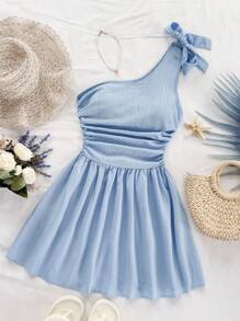 Soleia 女式夏季条纹荷叶边褶皱单肩迷你连衣裙