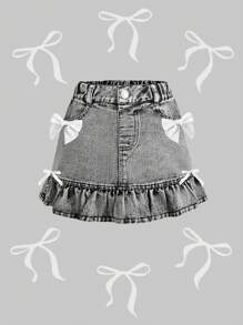 Girls' Stylish Casual Soft Washed Denim Pleated Mini Skirt With Bowknot Decor, Comfortable And Fashionable For Vacation, Summer - Black - View 2