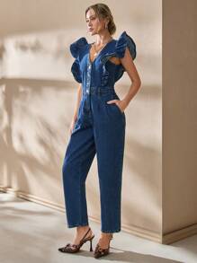 CLARA VERO 100%Cotton Ruffle Trim Button Front Denim Jumpsuit - Medium Wash - View 3