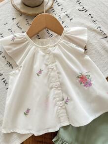 SHEIN LMoss Kids Newborn Baby Girls Summer Cute Versatile Floral Embroidery Design Short Sleeve Top And Green Shorts Set