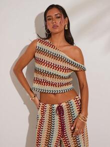 SHEIN BAE 1 pieza de top asimétrico de hombro simple a rayas de ganchillo, adecuado para vacaciones en la isla, luna de miel, fiesta en la piscina, vacaciones de mujer, primavera, verano, elegante, sexy, resort de playa