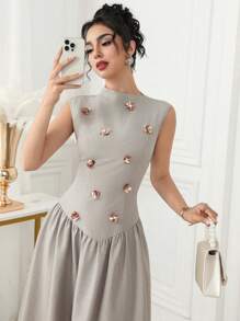 Modelyn Women's Elegant Floral 3D Sleeveless Waist Cinched Dress - Khaki - View 3