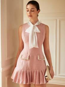 GENKIRA Beaded Chain Decor Ruffle Collar Chiffon Tie Waist Ruched Hem Fitted Mini Dress For Women,Pink And White,Summer,Ellegant,Tea Party,Old Money Style - Baby Pink - View 2
