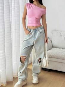 SHEIN EZwear Blusa ajustada corta con cuello asimétrico fruncido de unicolor para mujer - Rosa - Ver 6