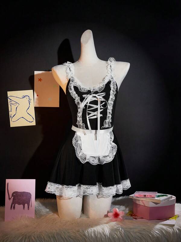 Fantasy Costume 4 Stücke/Set ärmelloses Rüschen-Saum Spitzen-Patchwork Spielanzug für Teenager Mädchen, Sommer