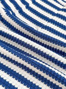 SHEIN Teen Girls Vacation Striped Knit Blue White Knitted Crinkled Fabric Tube Top Halter Neck Bow Jumpsuit, & Suitable For Party, Valentine's Day, Wear As Innerwear Or Outerwear - Blue and White - View 7