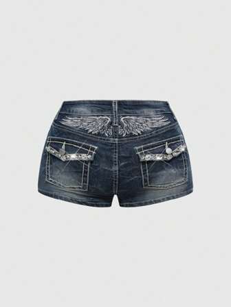 Grunge Punk Plus Size Y2K Style Rhinestone Decor Embroidered Backless Butterfly Wings Low Rise Shorts