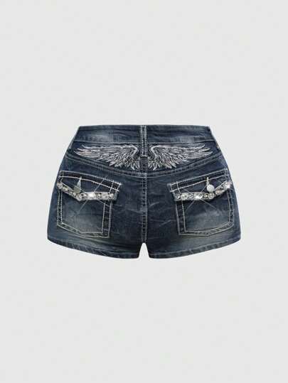 Grunge Punk Plus Size Y2K Style Rhinestone Decor Embroidered Backless Butterfly Wings Low Rise Shorts