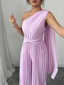 Elenzga Elegant Asymmetrical Neck Flounce Cinched Waist Wide Leg Romper For Women - Purple - View 5