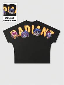 ROMWE MEN Street Life Men's Loose Fit T-Shirt With Applique Cartoon Graphic - Black - View 1