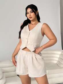 Comfortcana 2pcs/Set Plus Size Apricot Casual Solid Color Sleeveless Top & Shorts - Apricot - View 3