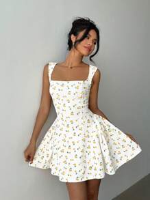 Aloruh 女式樱桃印花方领迷你连衣裙，时尚夏季 - 黃色 - 查看 6