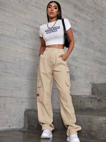 SHEIN EZwear Patched Detail Flap Pocket Wide Leg Jeans - Beige - View 4